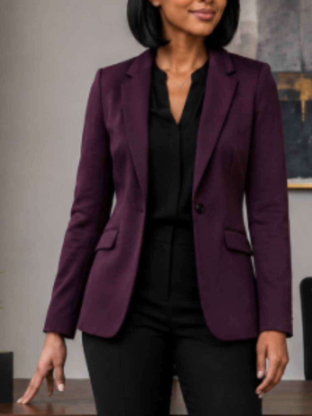 Tahari Deep Plum Purple Satin Feel Structured Office Work Open-Front Blazer 12